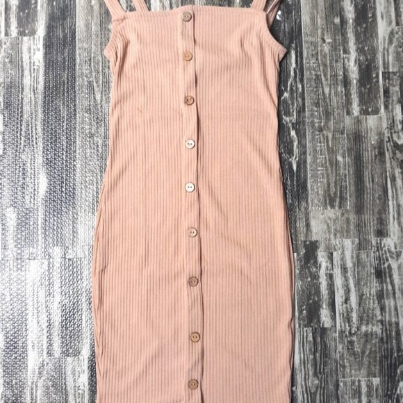 Tank Top Nude Mini Dress, Beige Tan Knit Dress - Picture 4 of 4